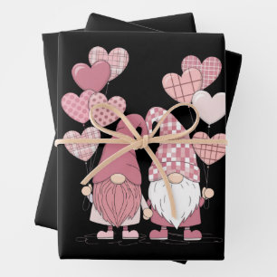 Rosa Büffelkariert Herz Gnome Valentinstag  Geschenkpapier Set