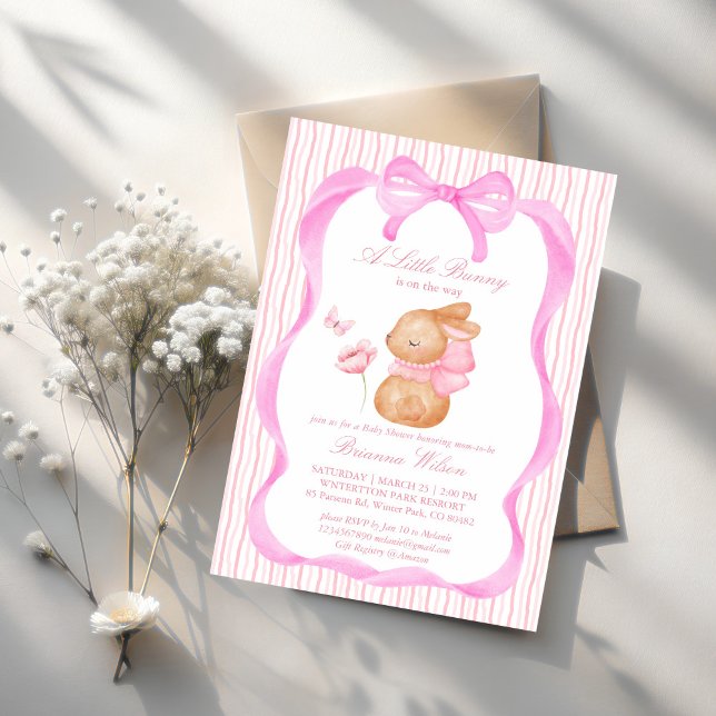 Rosa Bugbaby-Dusche Einladung (Cute Bunny pink bow border girls baby shower invitation template instant download)
