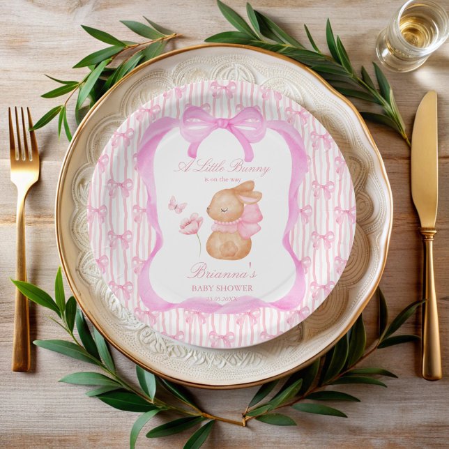 Rosa Bugbaby-Dusche mit Monogramm Pappteller (Bunny pink bow baby shower monogrammed paper plates personalized table decor printed paper plates)