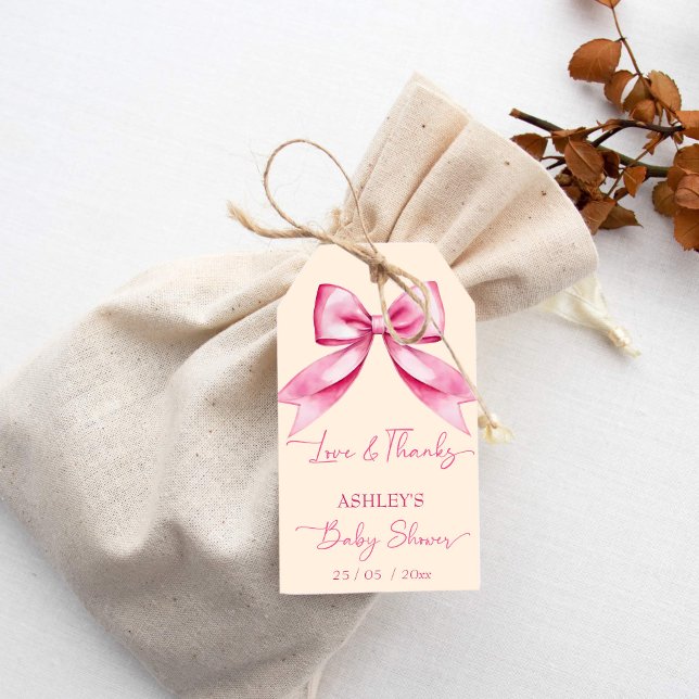 Rosa Bugband Babydusche niedlich Dankeschön Geschenkanhänger (Pink bow ribbon baby shower cute thank you favor gift tags blush pink bow favor tags)