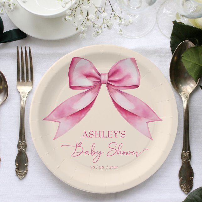 Rosa Bugband Babydusche niedliche elegante Vorlage Pappteller (Pink bow ribbon baby shower cute elegant template paper plates personalized tableware decor cute bow)