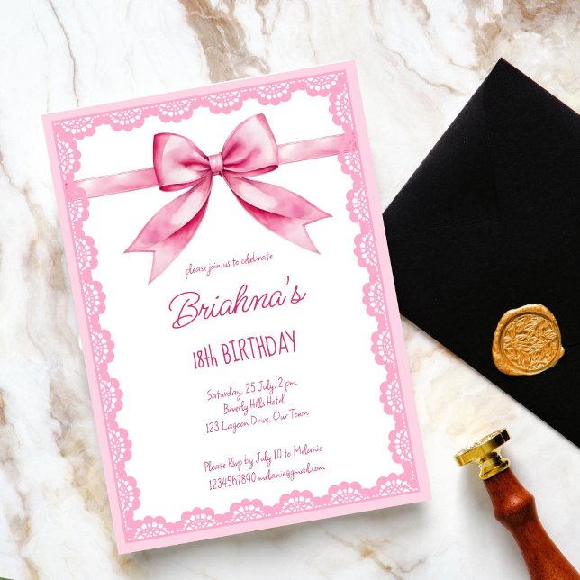 Rosa Bugcoquette Geburtstagsparty Einladung (Pink bow coquette birthday party invitation editable template digital download vintage retro lace)