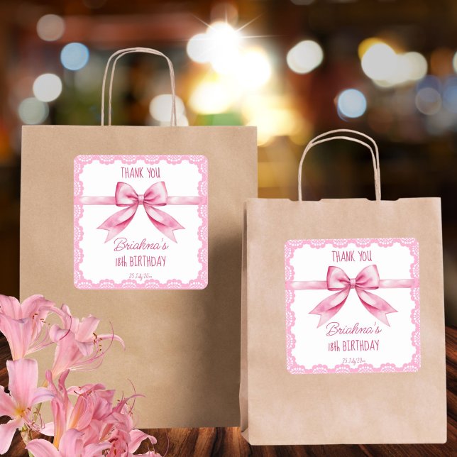 Rosa Bugcoquette Geburtstagsparty Gefallen Quadratischer Aufkleber (Pink bow coquette birthday party thank you favor sticker personalized party favor stickers)