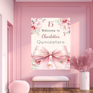 Rosa Bugcreme-Blüten Quinceanera Begrüßungszeichen Poster