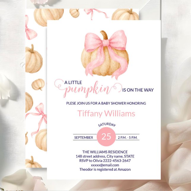 Rosa Bugkürbis Babydusche minimalistisch Einladung (Fall Pumpkin Baby Shower minimalistic Invitation with Pink Bows)