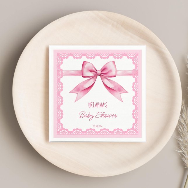 Rosa Bugrückwand, Spitze Babydusche bedruckte Vorl Serviette (Pink bow retro lace baby shower printed template napkins personalized tableware coquette ribbon )