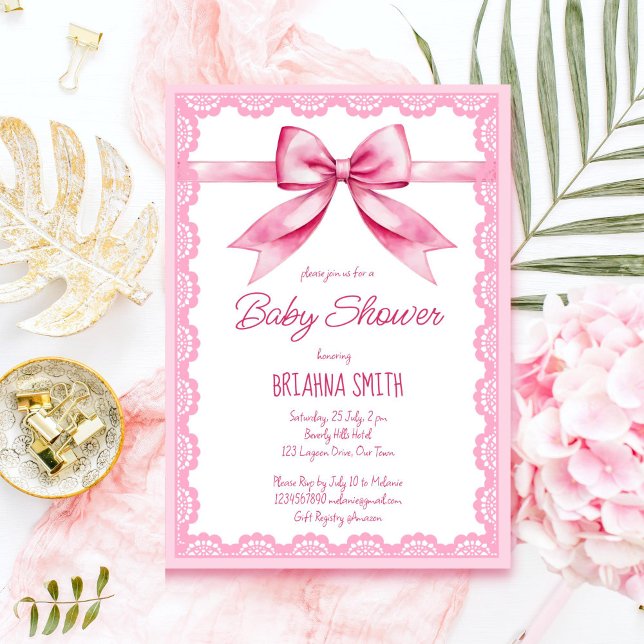 Rosa Bugrückwand-Spitzen-Babydusche Einladung (Pink bow retro lace baby shower editable template invitation instant download cute girly pink)
