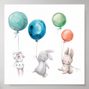 Rosa Bunnies Rabbits Balloons Art Print Poster