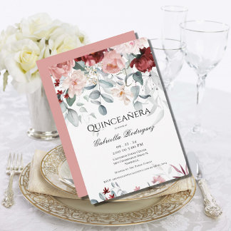 Rosa Burgund Blush Floral Wasserfarbe Quinceañera Einladung