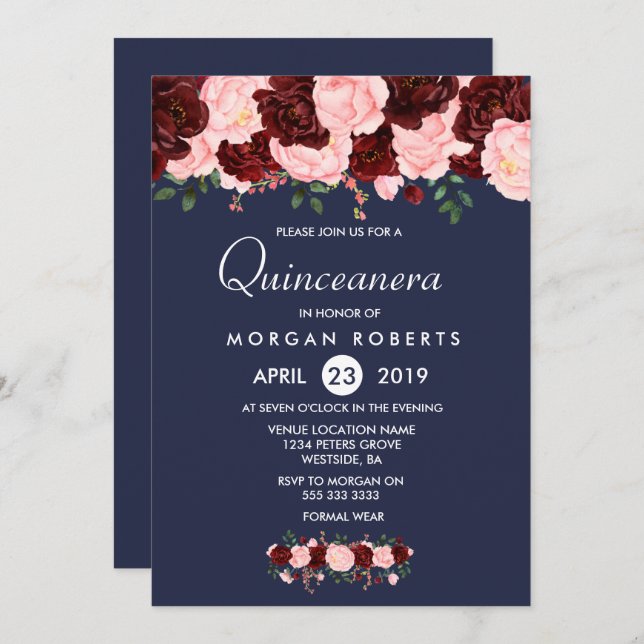 Rosa Burgund Floral Navy Blue Quinceanera Einladun Einladung (Vorne/Hinten)