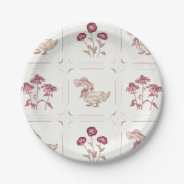 Rosa, Burgund und Braun, Blume und Enten Pappteller