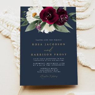ROSA Burgund und Navy Blumen Winterhochzeit Einladung