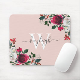 Rosa Burgund Wasserfarbe Rose Mit Monogramm Mousepad