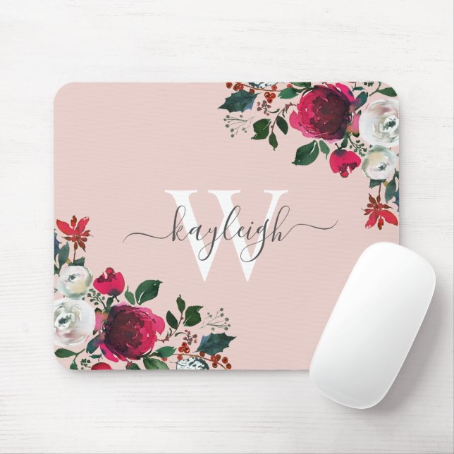 Rosa Burgund Wasserfarbe Rose Mit Monogramm Mousepad (Mit Mouse)