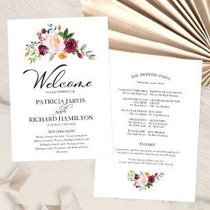 Rosa-Burgunder-Blumen-Aquarell-Hochzeitsprogramm Programm
