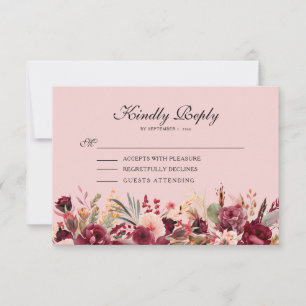 Rosa Burgunder Blumen Gold Glitter Geburtstag RSVP Karte