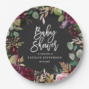 Rosa, Burgunder, + Feigen-Aquarell mit Blumen und Pappteller