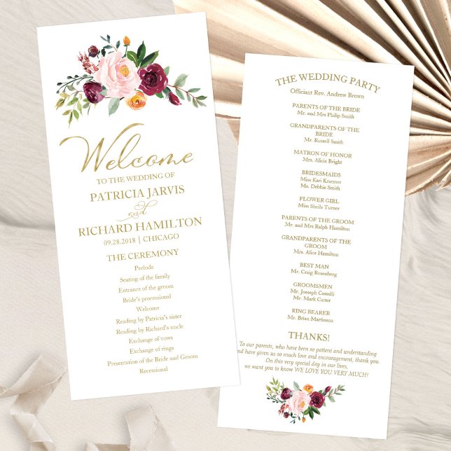 Rosa Burgunder Florales Gold Hochzeitsprogramm Programm (Von Creator hochgeladen)
