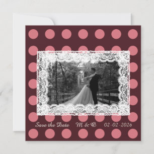 Rosa & Burgunder Polka Dot Vintage-Spitzen-Einladu Save The Date