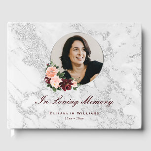 Rosa Burgunder Silber Blumen Gedenk Funeral Foto Gästebuch