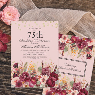 Rosa-burgunderfarbene Blumen mit goldenem Glitter Einladung