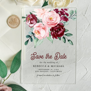 Rosa burgunderrote Blumen Hochzeit Termin vormerke Acryleinladungen
