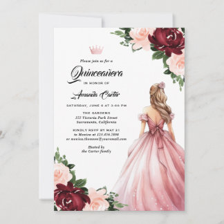 Rosa-burgunderrote Blumen-Quinceañera-15-Geburtsta Einladung