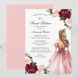 Rosa-burgunderrote Blumen Sweet Sixteen Einladung