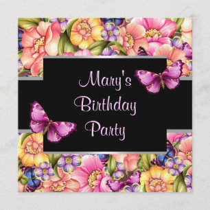 Rosa Butterfly Blume Frauen Geburtstagsparty Einladung