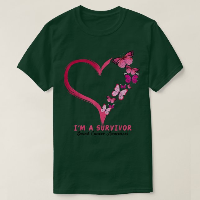 Rosa Butterfly Herz Ich bin ein Überlebender Brust T-Shirt (Design vorne)