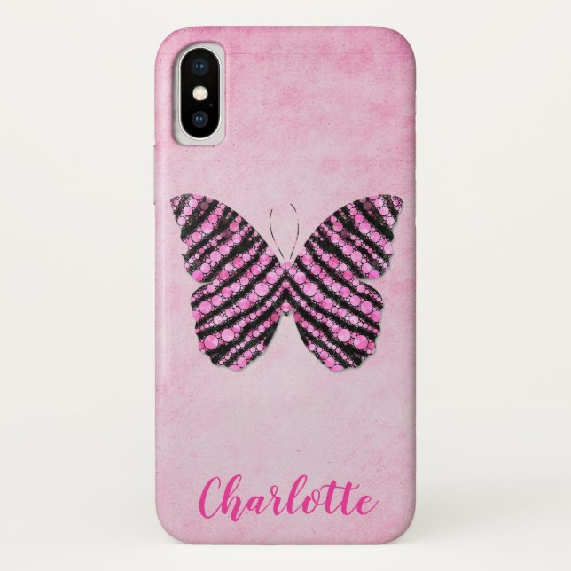 Rosa Butterfly Name Monogram Case-Mate iPhone Hülle (Rückseite)