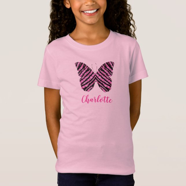 Rosa Butterfly Name Monogram T-Shirt (Vorderseite)