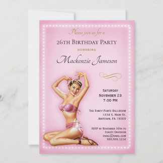 Rosa Button bis Geburtstag Einladung Retro Vintag