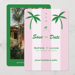 Rosa Cabana-Streifen Palmbaum Monogramm Hochzeit Save The Date