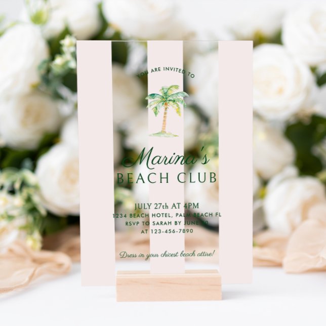 Rosa Cabana Stripes Palm Beach Club Acryleinladungen (Von Creator hochgeladen)