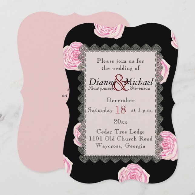 Rosa Cabbage Rose und Black Lace Hochzeit Einladung (Vorne/Hinten)