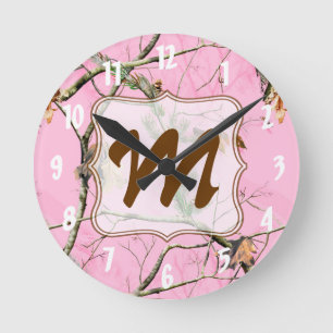 Rosa Camouflage Camouflage Monogramm erste Wall-Uh Runde Wanduhr