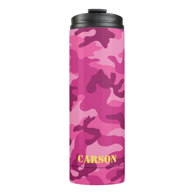 Rosa Camouflage Gelber Name Sportreisen Mod Reisen Thermosbecher (Vorderseite)