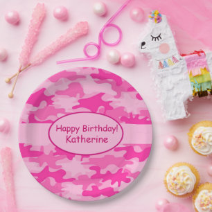 Rosa Camouflage Name Personalisiert Happy Birthday Pappteller
