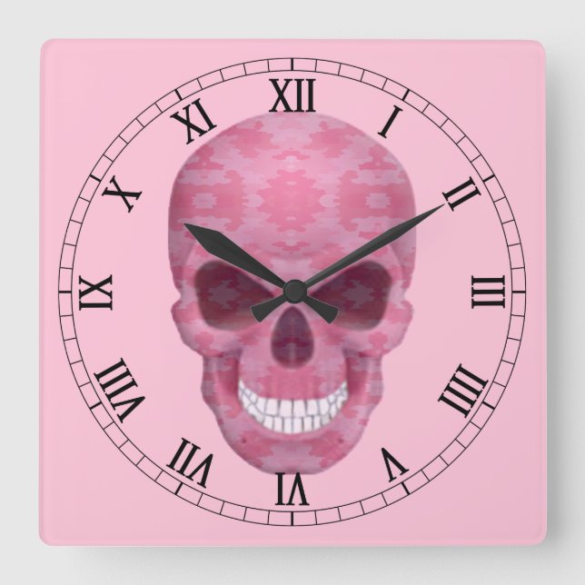 Rosa Camouflage Skull Roman Numerale Clock Quadratische Wanduhr (Vorderseite)