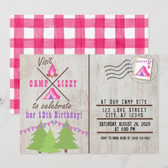 Rosa Camping Holz Flanell Post Card Geburtstag Einladung (Vorne/Hinten)