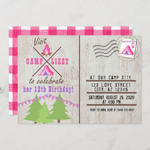 Rosa Camping Holz Flanell Post Card Geburtstag Einladung