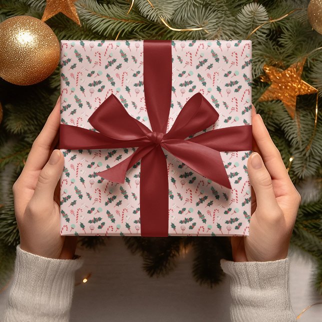 Rosa Candy Cane & Holly Weihnachtspapier Geschenkpapier (Von Creator hochgeladen)