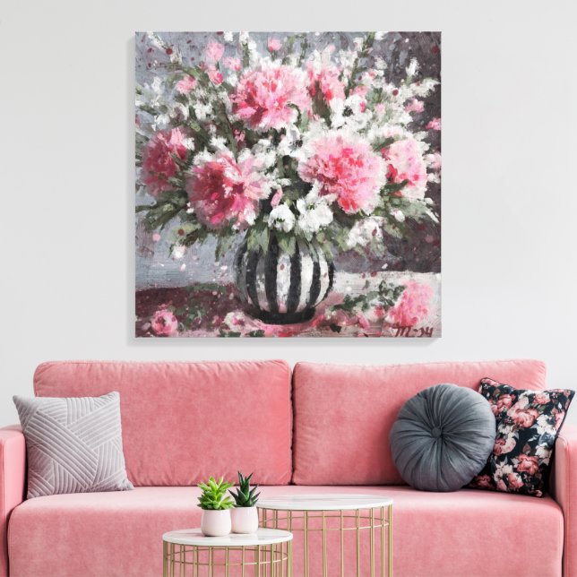 Rosa Carnation Floral Blume Arrangement Schwarz Leinwanddruck (Insitu (Wohnzimmer))