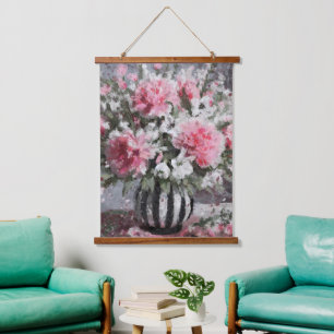 Rosa Carnation Floral Blume Arrangement Schwarz Wandteppich Mit Holzrahmen