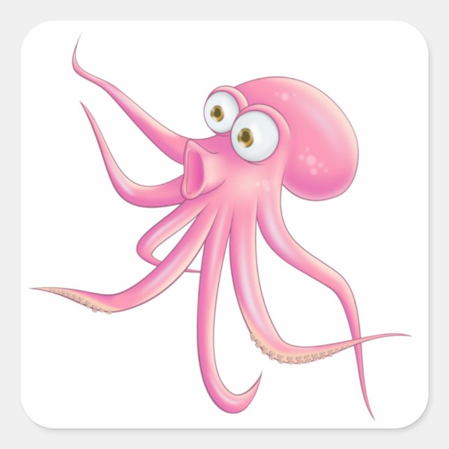 Rosa Cartoon Octopus Quadratischer Aufkleber (Vorderseite)