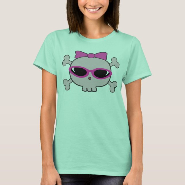 Rosa Cartoon Skull & Crossbones mit Sonnenbrille T-Shirt (Vorderseite)