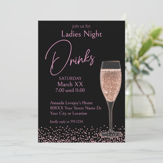 Rosa Champagner auf Black Ladys Night Drinks Einladung (Stehend Vorderseite)