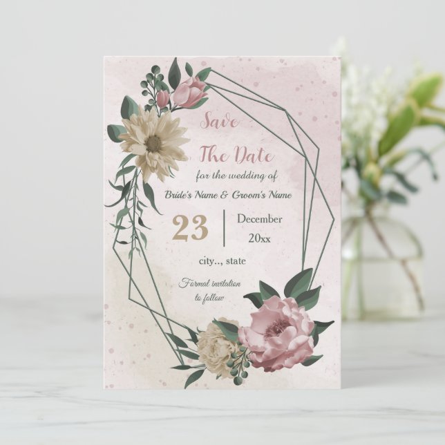 Rosa Champagner-Blume botanisch Save The Date (Stehend Vorderseite)