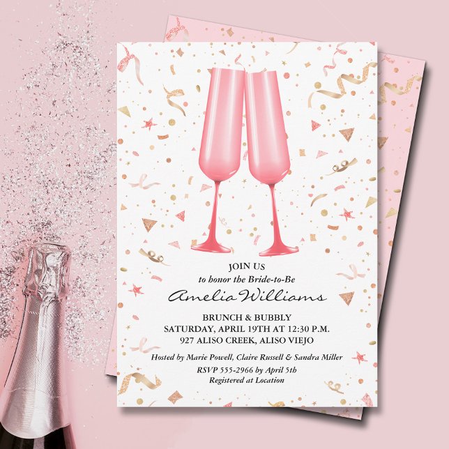 Rosa Champagner-Brautparty Einladung (Pink champagne glasses and streamers bridal shower invitations)